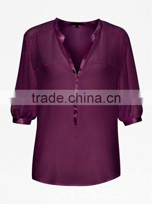 Ladies Collarless Blouse with Satin Hemming