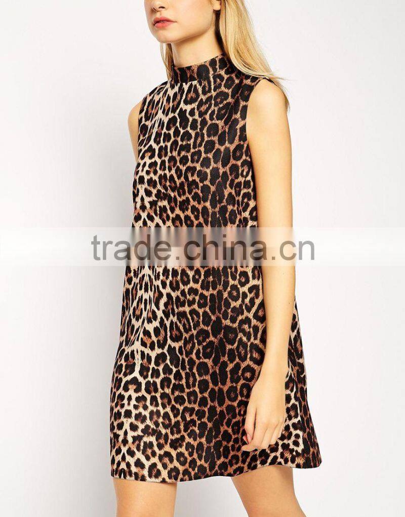 Shift Dress with Funnel Neck in Animal Print