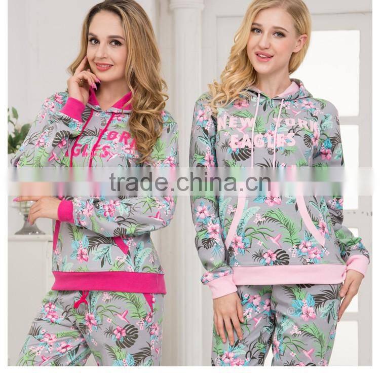 Wholesale custom women fancy printed pajama hoody+pant cvc french terry comfortable design winter pajamas set for women