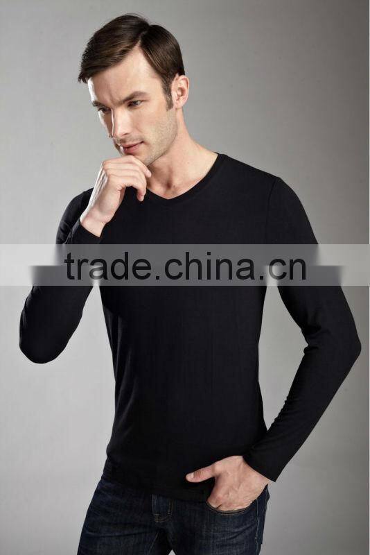 Plain slim fit black color bamboo long sleeves men t shirt / thin long sleeve t shirts T13326