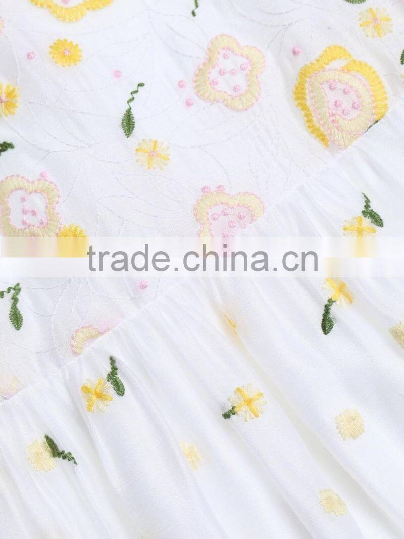 Ladies OEM service elegant white chiffon embroidery combined middle dress