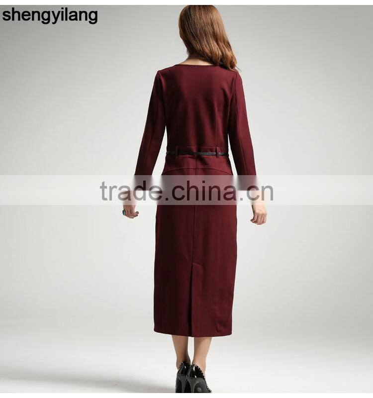 back split simple 3/4 sleeve long dress with belt
