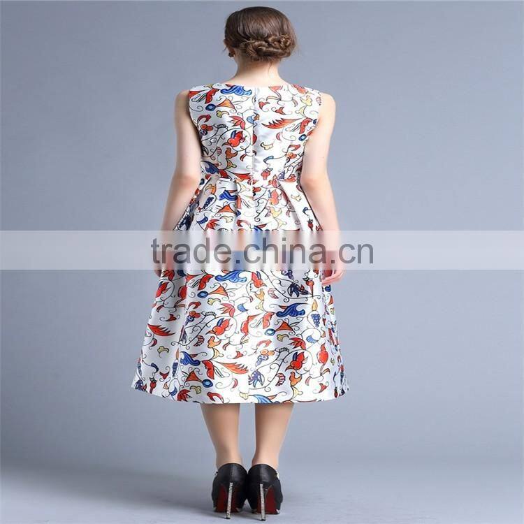 2016 fashion women dresses for sleeveless floral printed,flared hem long dress for OEM