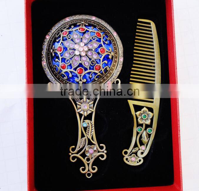 Antique Imitation Cosmetic Metal Pocket Mirror with Hair Comb,Handle Mirror/Hand Held Makeup Mirror/Round Fashion Mirror