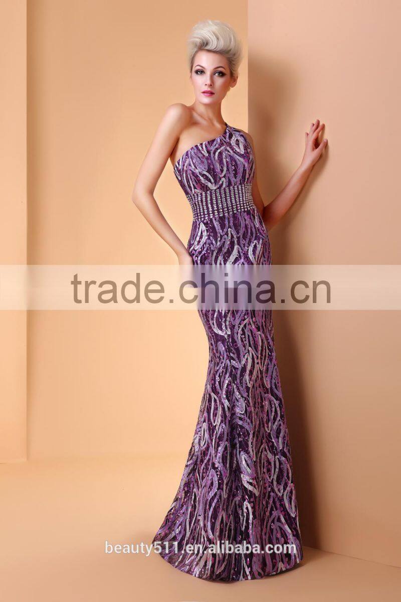 Mermaid one shoulder Floor-length Satin Sequined with Sequins prom evening dress party dress P004