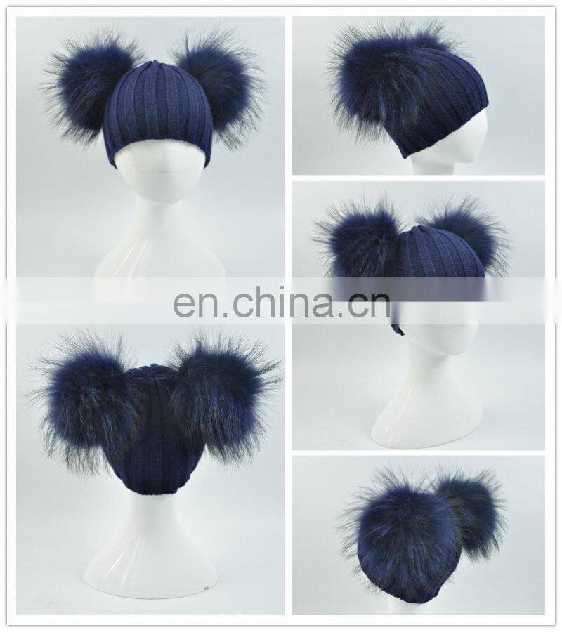 High Quality Kids Knitted Beanies Hat Double Big Raccoon Fur Pom Pom Hat Baby
