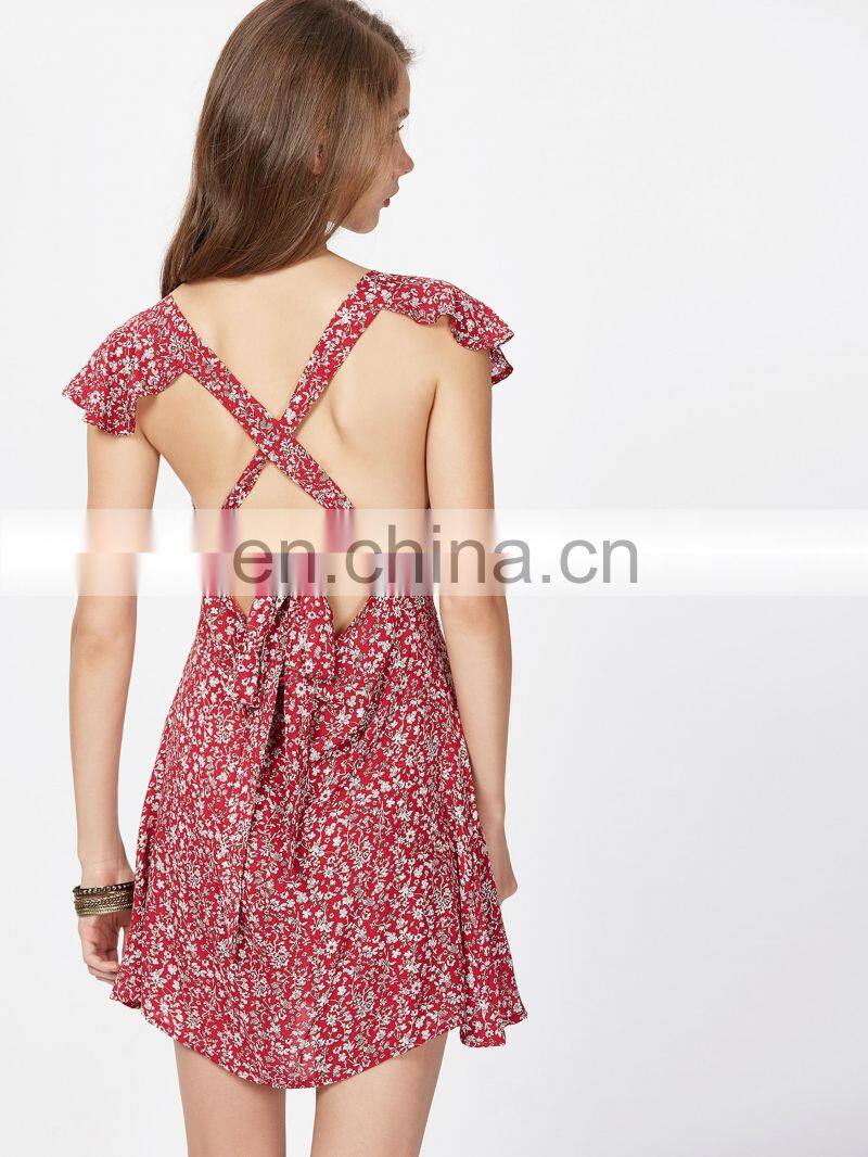 Florals Square Neck Criss Cross Bow Tie Back Beach Dress Sexy Model Hot Photos