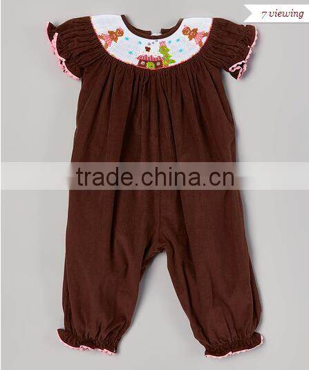children Brown corduroy Smocked Romper baby winter clothing