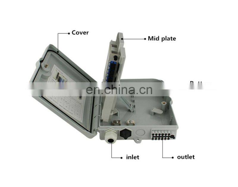 MT-1401 Cheap price pole mount type outdoor waterproof PP plastic 8 core small fiber optic junction box with 1x8 PLC splitter