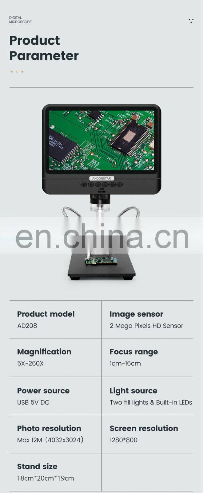 Andonstar AD208 2MP 5X-260X USB Digital Microscope With 8.5" LCD 1080P For Repair PCB Soldering SMD