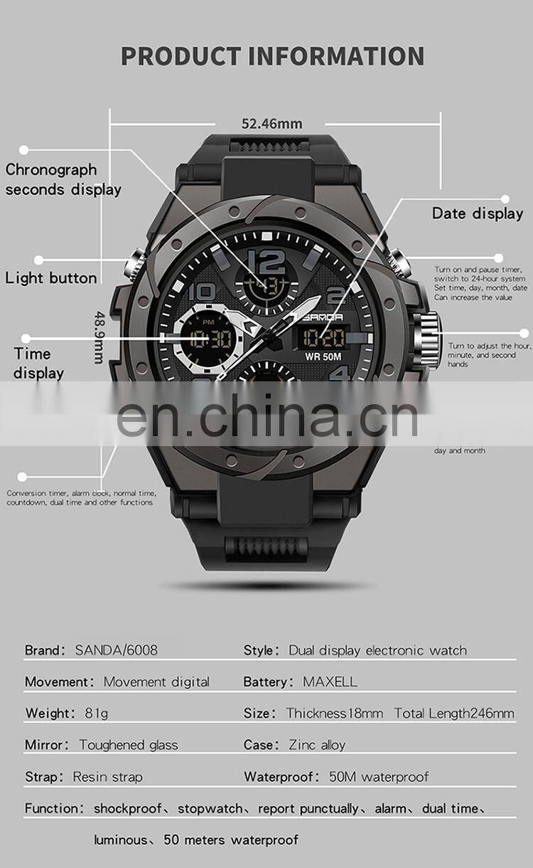 Sanda 6008 Relogio Masculino Sport Men's Watches Luminous Waterproof Analogue Digital Watches Men'S