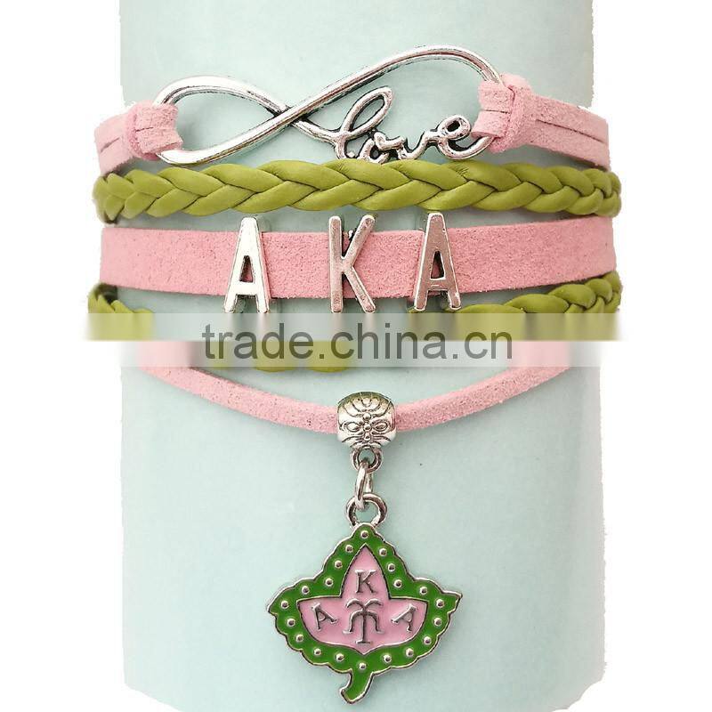 Newest AKA Wrap Bracelet Leaf Alpha Kappaa Alpha AKA Heart Pink Green Custom leather bracelet