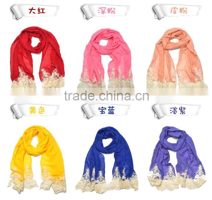 2015 Autumn Winter Newest Embroidery Floral Lace Sewed Cotton Baby Girls Scarf
