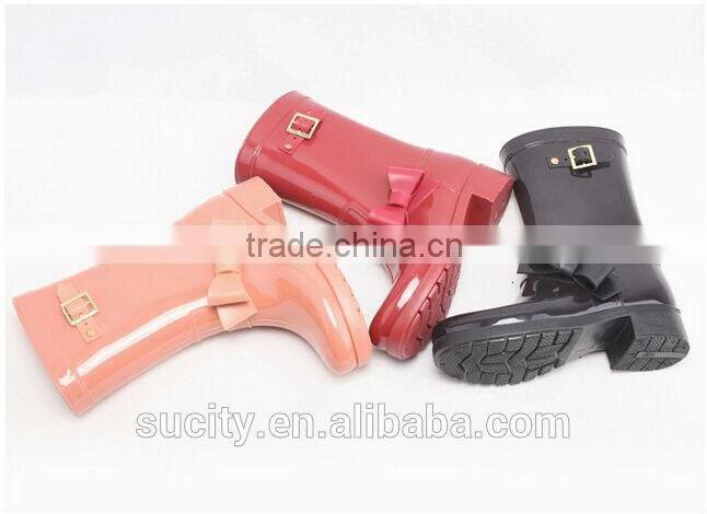 solid color pink lady high heeled rubber rain boots with buckle