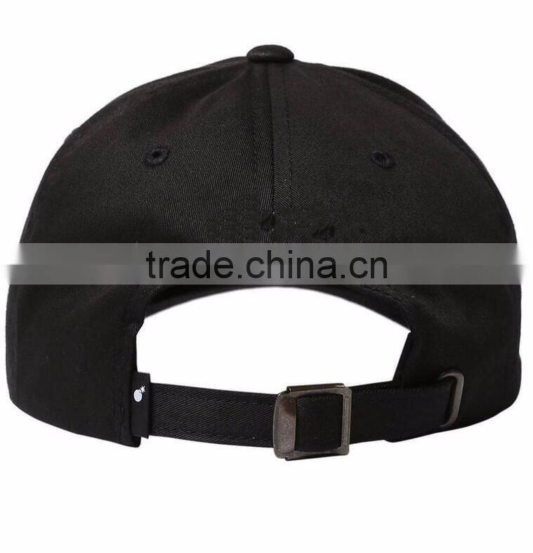 2016 New design 100% cotton black colour metal buckle curved brim 2d embroidery custom men baseball promotional hat