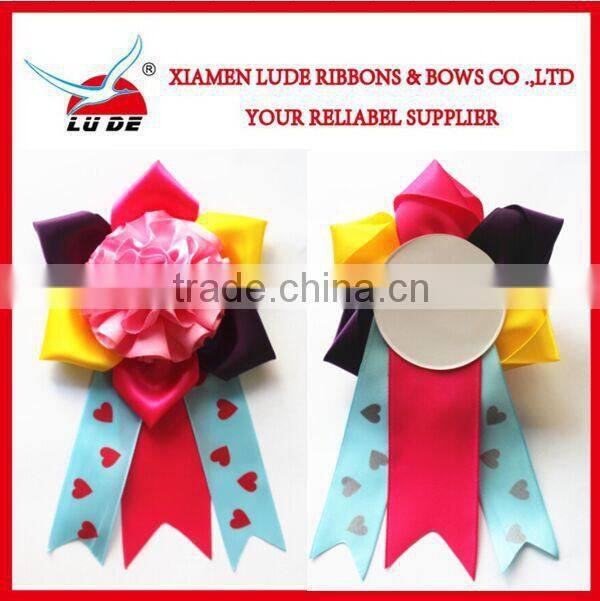 2015 handmade various type of satin ribbon flower rosette/award ribbon rosette