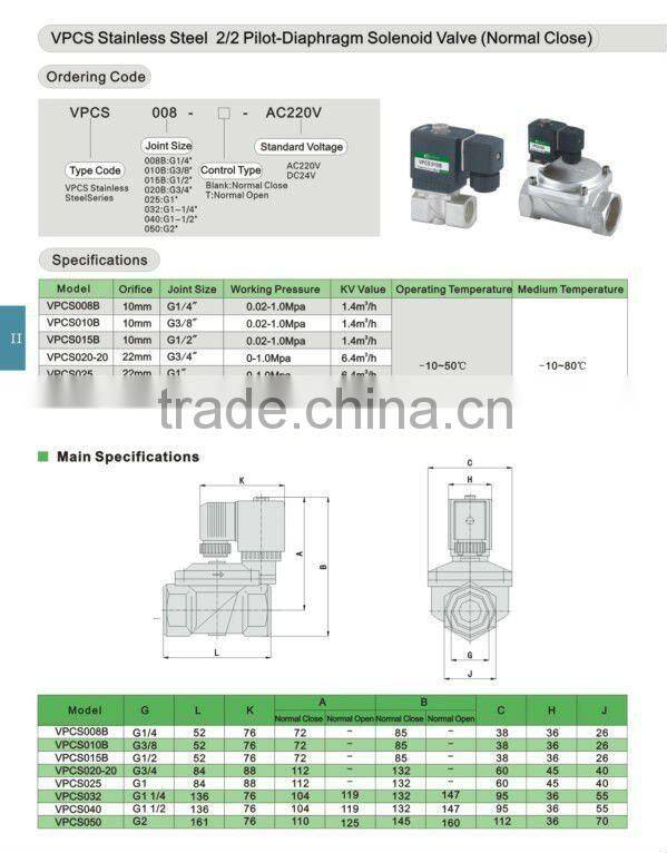 VPC 2/2 pilot-diaphragm stainless steel solenoid valve