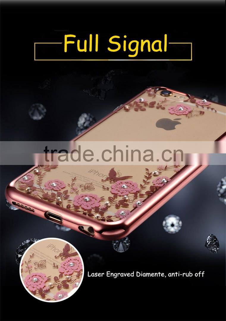 Hot Selling Luxury Garden Style Crystal Clear Soft TPU Diamante Eletroplated Case for Iphone 6