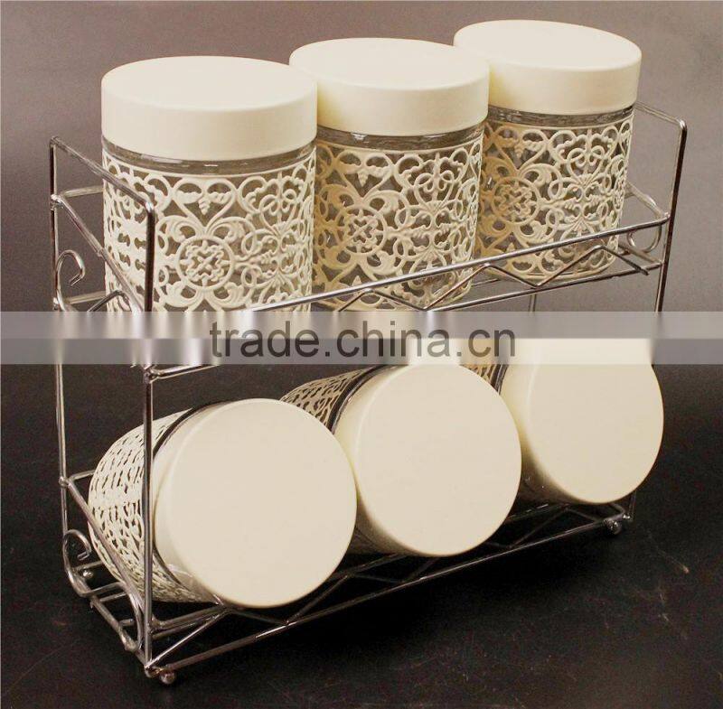 s/6 metal cover double iron stand glass canister set