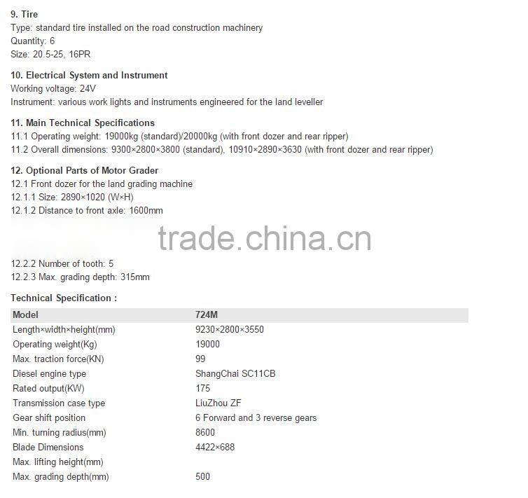 240HP New Brand Changlin Road Machine 19 Ton Motor Grader 724M for sale