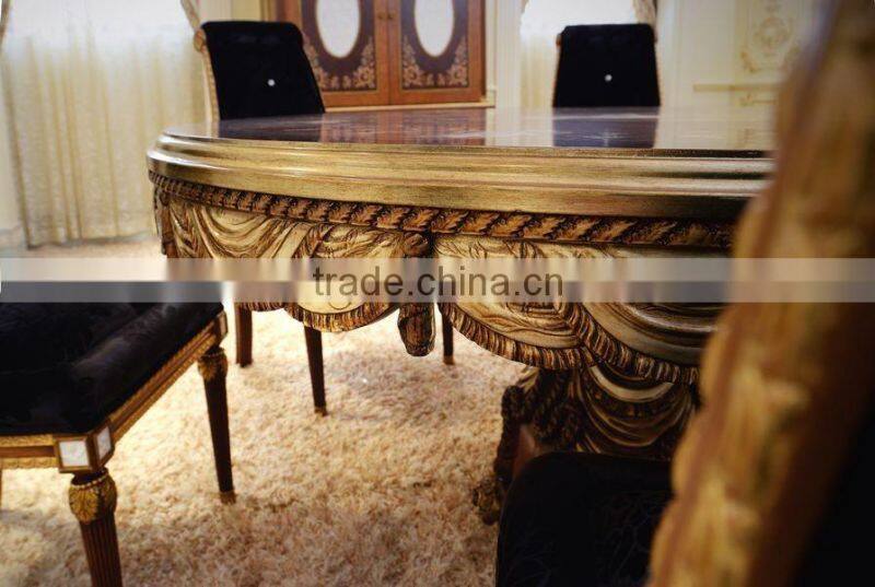 French New Design Neo-Classic Marquetry Dining Room Furniture/ Gorgeous Wooden Carving Royal Round Dining Table Set For 6 People