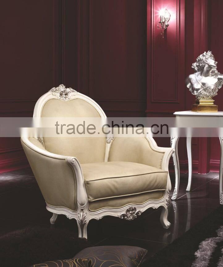 Luxury wooden hand carved one seat white leather sofa
