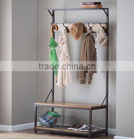 Metal&Wood Mixed living room storage shelf with coat hanger