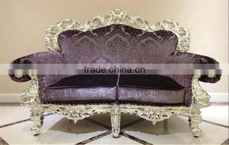 home and hotel silver leaf resin based purple fabric antique reproduction 3-seat sofa furniture