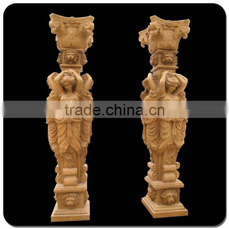 Western marble column antique yellow marble stone pillar with statue