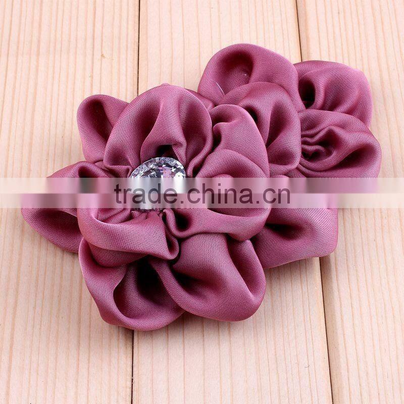 handmade satin fabric flower with rhinestone center for kids hair accessories