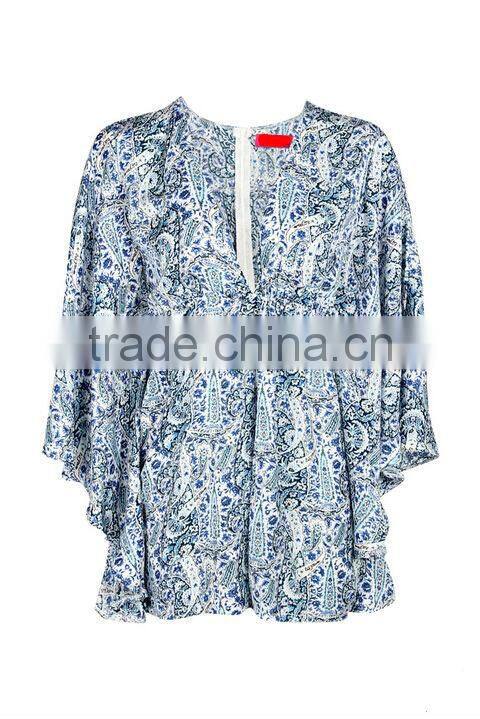 2015 sexy womens deep V neck plus size open front African Print Kimono Sleeve loose Playsuit