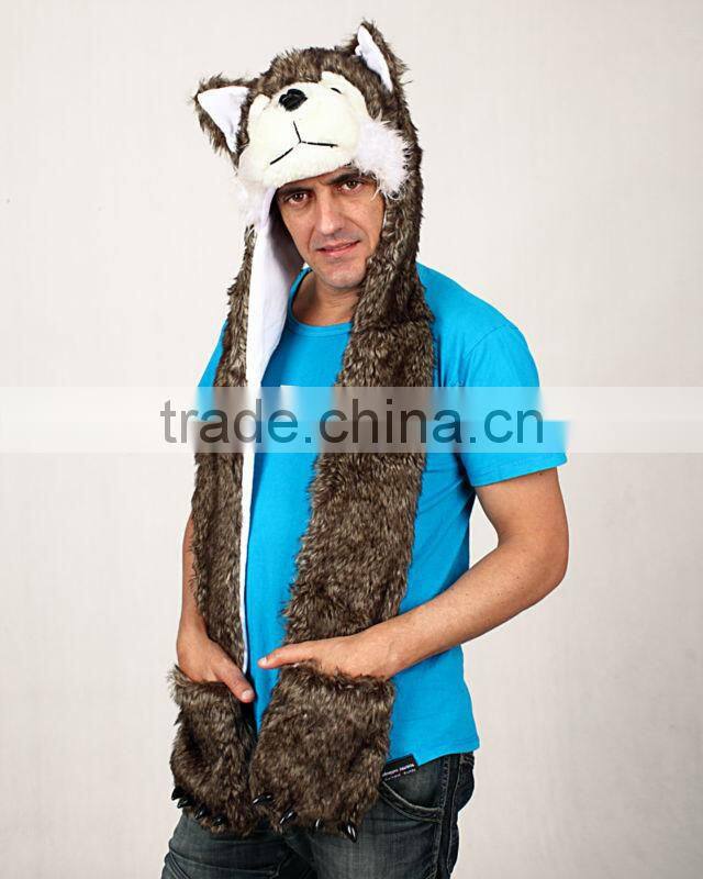 PLUSH ANIMAL HOODED SCARF FAUX FUR WOLF HEAD HAT