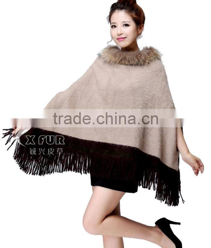 CX-B-P-33C 2016 Wholesale Fashion Lady Pashmina Shawl With Raccoon Fur Collar