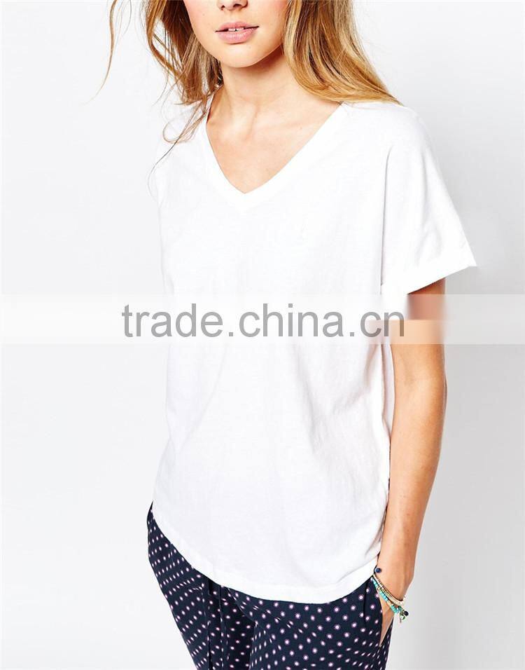 Girls v neck short sleeve plain white t-shirts cotton polyester