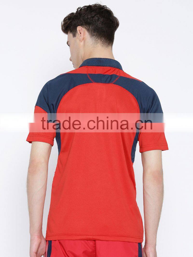 Men Red Colourblocked Spread Collar T-Shirt Stylish Spread Collar Tee Concealed Short Zip Closure Custom Mesh Polyester Material
