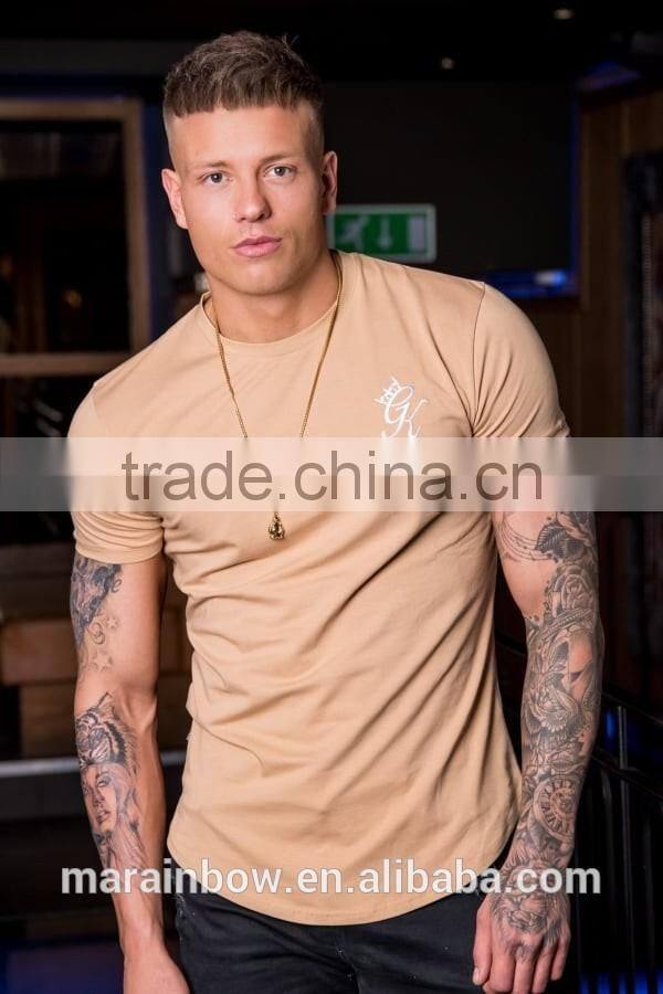 2017 hot new products 95% cotton 5% elastane t shirt mens longline curved hem muscle fitted t-shirt longer drop gym t shirt