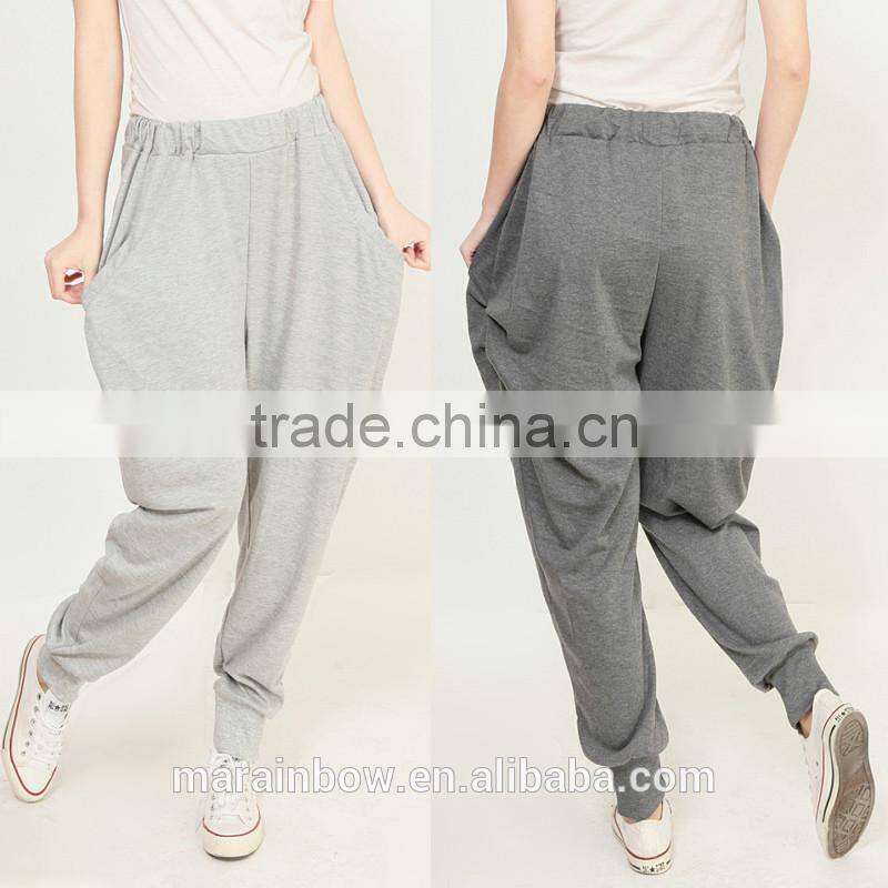 2015 New Fashion Women's Casual Jogger Pants Cotton Plain Grey Ladies High Waist Dide Leg Trousers Loose Plus Size Sweatpants