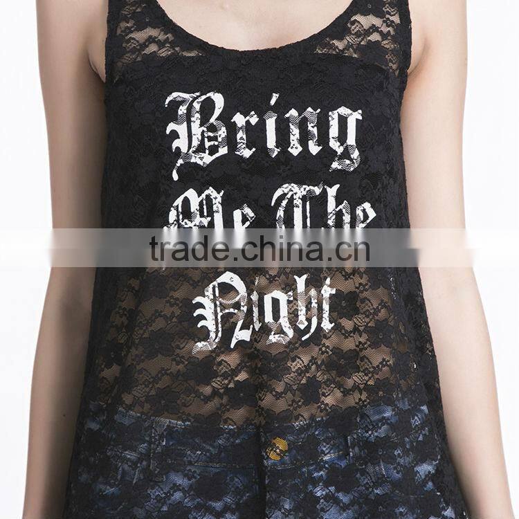 2017 Casual Black Lace Sleeveless Blouse W/ White Words Print