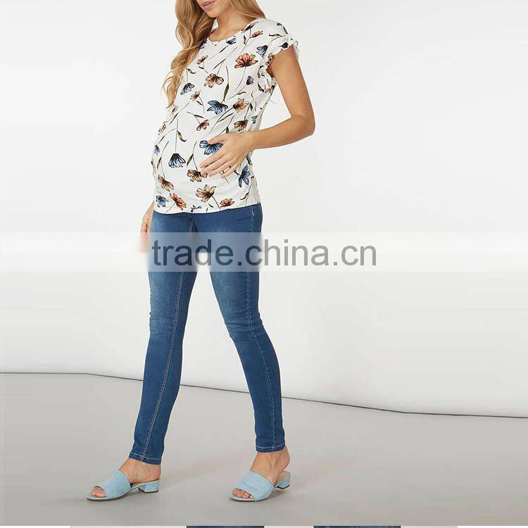 Lvory Jersey T-Shirt With Ruffle Sleeves And Floral Print Fits Comfortably Around Bump Maternity Fashion Clothes Cheap