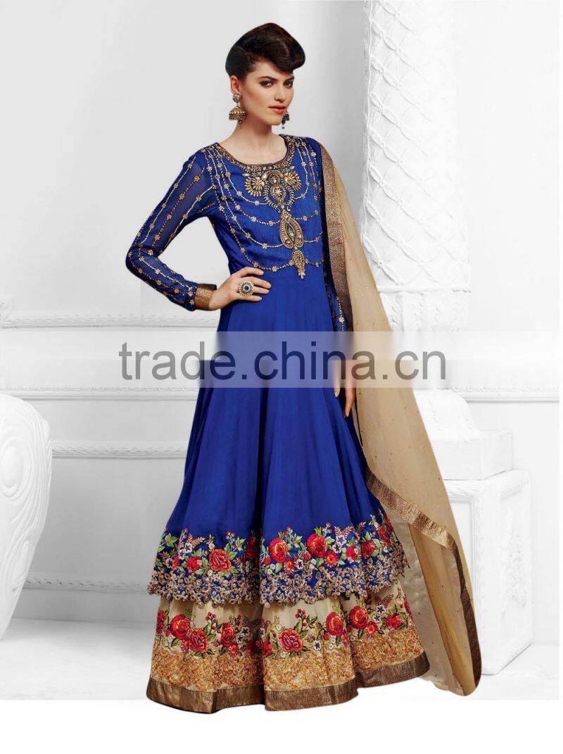 Yellow color on brown with purple color on embroidery heavy design jacket long Anarkali Designer Semi Stitch Salwar Kameez