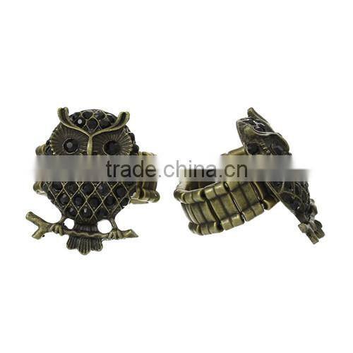 Antique Bronze Black Acrylic Owl Stand Branch Halloween Elastic Stretch Rings 19.1mm(US 9)