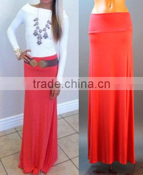 OEM rayon fold over waist latest model plain blue women maxi skirts latest long skirt design