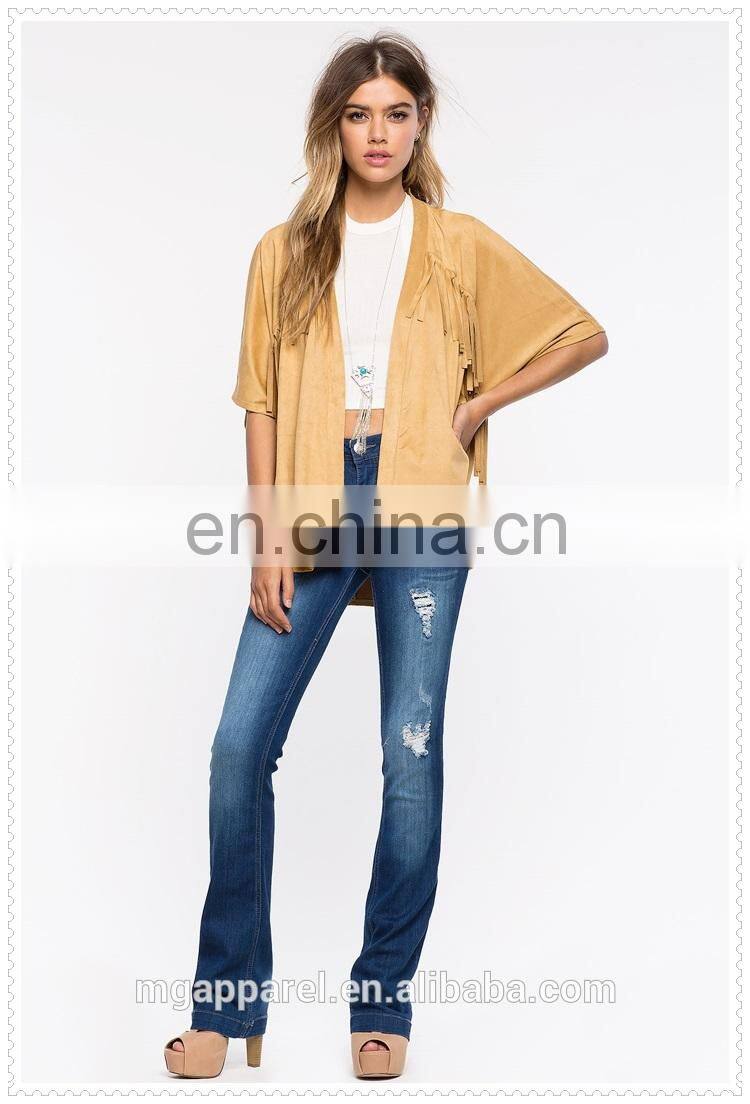 OEM high quality oversized half sleeves fringe faux suede jacket