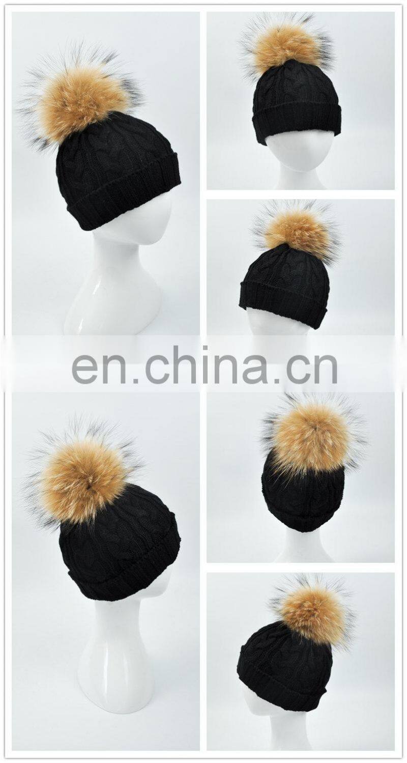 Wholesale Handmade Thick Warm Winter Hat With Natural Raccoon Fur Ball Knitting Baby Beanie