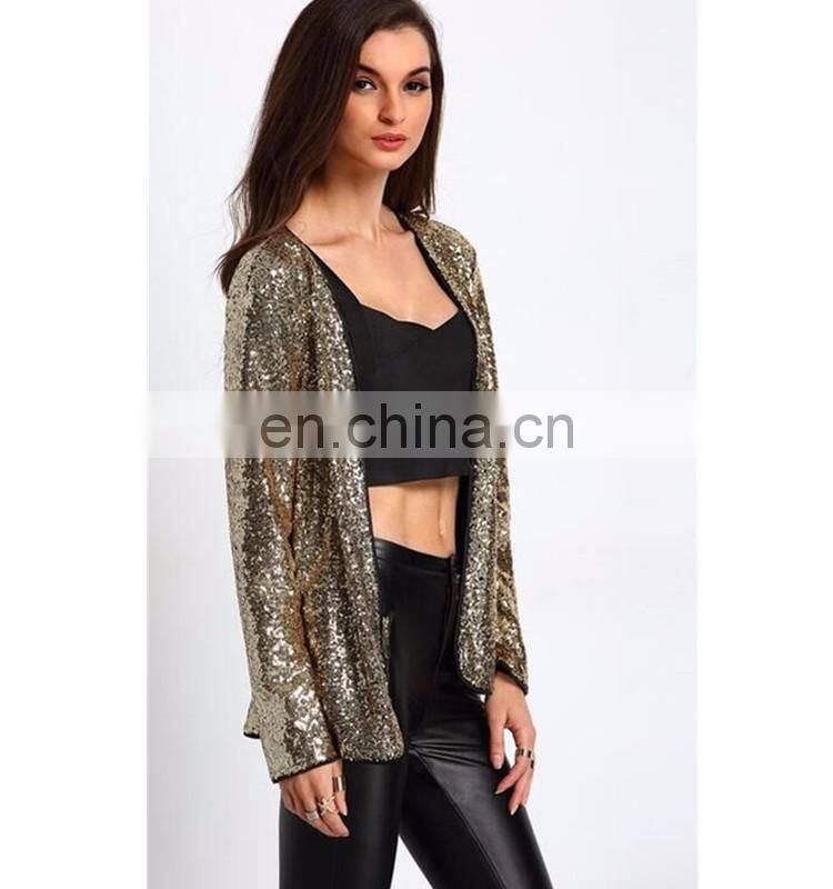 new gold collarless sequined pant design coat women