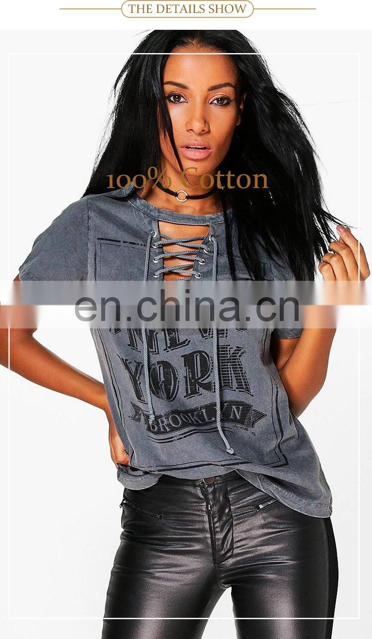 High quality 100% cotton short sleeve washed printed women t shirt
