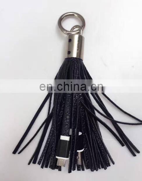 Cheap wholesale Leather tassels keychain with USB wire