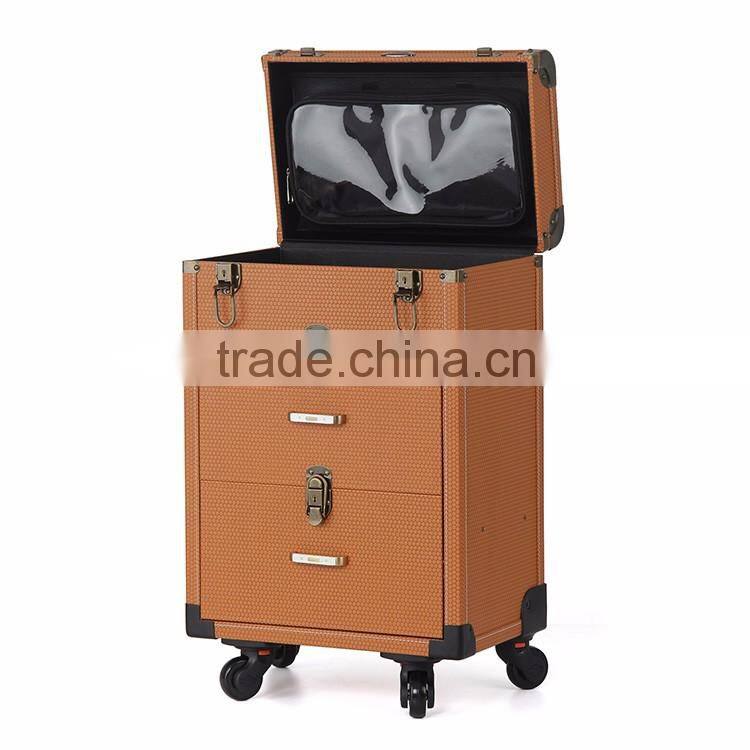 Manufacturer OEM trolley makeup artist case with functional wheels rolling and mirror