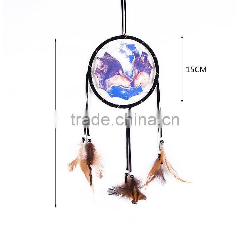 Wholesale Feathers Wall Hanging Decoration Indian Dream Catcher With Wolf Pattern
