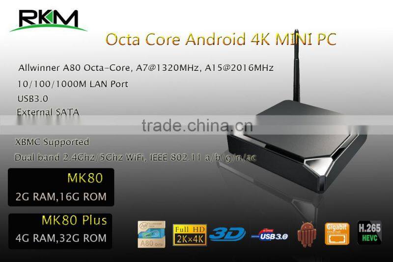 Octa core android4.4 box Allwinner A80 2G/4G RAM,16G/32G ROM,dual band 80211n,ac WIFI,optical,USB3.0